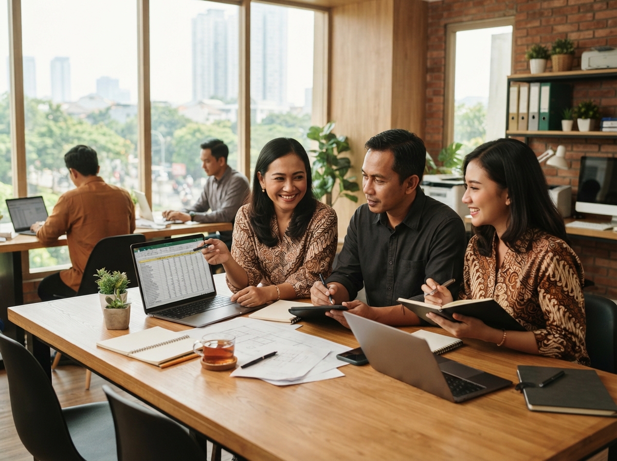 Karang Hasiltama - tim analis meninjau data investasi bersama sistem cerdas